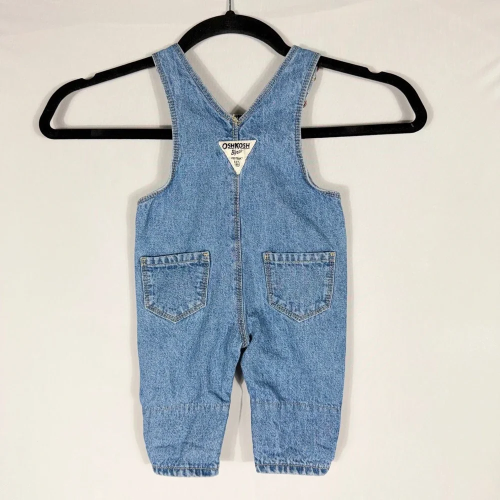 OshKosh Bgosh Baby Girl Floral Denim Overalls 3M Pink Blue Vestbank Bib RARE HTF